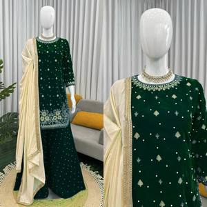 Ensemble Sharara en velours de viscose orné, Salwar Kameez avec Dupatta, vert, tenue de fête ethnique pour femmes - Product Image 4