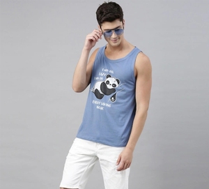 Débardeur en coton bleu pour homme avec imprimé panda, col rond, décontracté, sans manches, respirant, design tricoté, logo sur le devant - Product Image 4