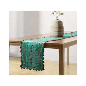 Chemin de table abstrait brodé en coton 100% vert avec pompons, 180 GSM, 80 pouces, pour décoration de table de mariage, certifié ISO, OEM, Inde - Product Image 1