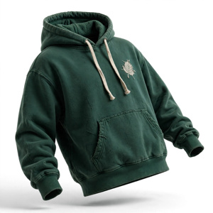 Men's Dark Green Hooded Sweatshirt Regular Fit 100% Cotton Fleece Solid Quick Dry Applique <b>Leaf</b> Design Casual Autumn Wear Pocket - Product Image 5