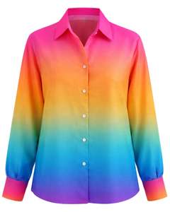 Camisa de Manga Larga para Mujer, Color Degradado de Rosa Intenso a Naranja, Amarillo y Azul, Estilo Casual para Oficina, Fabricante de Blusas Personalizadas OEM - Product Image 1