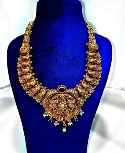 Collar Largo de Joyería Antigua Tradicional India para Templo |   Haaram nupcial con diseño de pavo real disponible en ORO/PLATA/BRONCE - Product Image 1