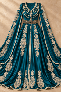 Robe longue en velours brodé prune, col en V, drapés de perles, manches cape fendues, ceinture dorée ornée, coupe ample respirante pour femme - Product Image 6