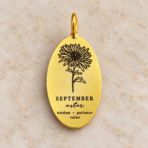 Pendentif ovale tendance en acier inoxydable plaqué or avec zircon, fleur de naissance d'octobre (marguerite), gravé, bijoux personnalisés en gros - Product Image 1