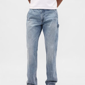 Jean en denim pour homme, coupe droite slim, logo brodé, haute qualité, délavé, style streetwear - Product Image 1