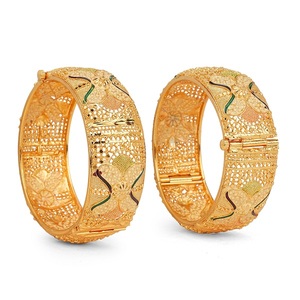 Premium Hinged Gold Look Metal Bracelet Featuring Artistic Meena Enamel <b>Colour</b> Detailing with Surface <b>Shaping</b> <b>and</b> Cutwork - Product Image 1