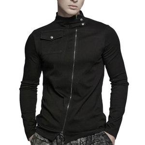Custom Wholesale <b>Men's</b> Gothic Punk Rock Slim Fit Asymmetric Zipper Long Sleeve Stand Collar T-Shirt Top - Product Image 4