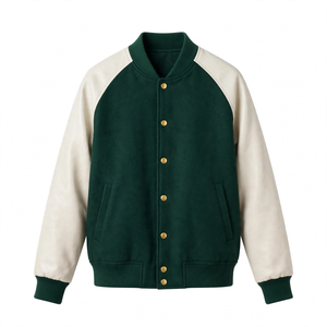Veste universitaire pour homme en laine, color block vert et beige, à boutons-pression, style baseball, coupe-vent et chaude, avec col et poignets côtelés - Product Image 3