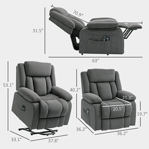 Fauteuil Électrique Gris avec Fonction Inclinaison et Massage Chauffant pour Personnes Âgées, USB et Housse Amovible avec Poches Latérales - Product Image 3