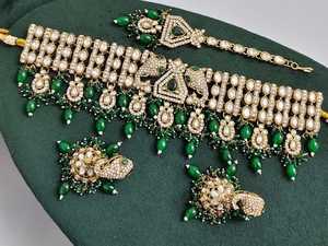 Gold Plated <b>Bridal</b> Set Choker Necklace <b>Drop</b> <b>Earrings</b> Tikka Ethnic Zircon Trendy Wedding Engagement Anniversary Latest High - Product Image 1