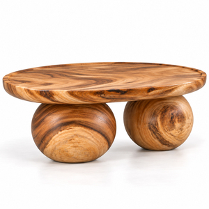 Table basse contemporaine sculpturale en bois de Suar naturel de qualité export, plateau ovale avec deux bases sphériques, vente en gros - Product Image 4