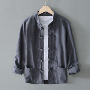 Camisa de primavera para hombre, informal, de manga larga, de algodón y lino, tejido dobby, transpirable, con cuello alto y ajuste holgado. - Product Image 3