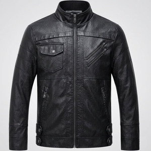 <b>Men's</b> PU Leather <b>Jacket</b> Moto <b>Biker</b> Style Stand Collar Zipper Closure Solid Color Slim Fit Regular Length Autumn Wear - Product Image 2