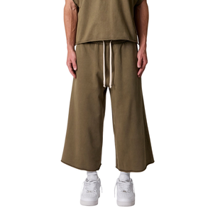Custom Men's Olive Fleece 3/4 <b>Shorts</b> <b>Wide</b> <b>Leg</b> Loose Fit Elastic Waist Drawstring Side Pockets Casual Streetwear Wholesale <b>Shorts</b> - Product Image 1