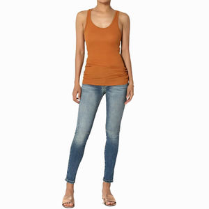 Débardeur en maille froncé pour femme, col rond, couleur unie, décontracté, respirant, mélange coton élasthanne, orange, style long - Product Image 6