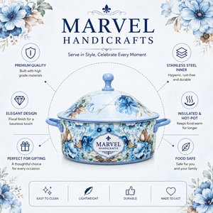 หม้อสแตนเลสเก็บความร้อนลายดอกไม้สีน้ำเงินจาก Marvel Handicrafts พร้อมฝาปิด สำหรับอุ่นอาหารในช่วงเทศกาลอีดและรอมฎอน - Product Image 5