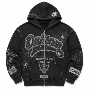 Sweat à capuche zippé Y2K vintage épais avec broderie graphique toile d'araignée et clous en strass personnalisés, coupe oversize et carrée, style streetwear - Product Image 4
