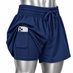 <b>Women's</b> <b>Blue</b> High Waist Loose Skorts Elastic Drawstring Side Pocket <b>Shorts</b> fitness <b>shorts</b> Seamless training <b>shorts</b> - Product Image 5