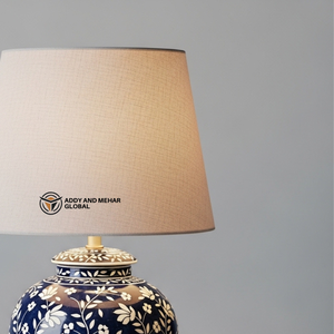 Lanterne de table artisanale en os bleu incrusté avec motif floral, lampe de chevet décorative de luxe avec abat-jour en tissu pour la maison et l'hôtel - Product Image 4
