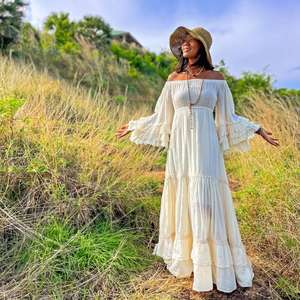 Vestido Maxi Bohemio para Mujer, Hombros Descubiertos, Cuello Elástico Fruncido, Cintura Natural, Lavable, Ropa de Playa de Verano, Algodón - Product Image 1