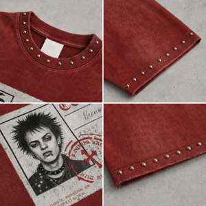 Camiseta Roja de Estilo Punk Personalizada con Estampado de Fotos y Adornos de Diamantes de Imitación, Corte Regular, Manga Corta, Cuello Redondo, Transpirable y Ecológica para Hombre - Product Image 2