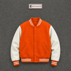 เสื้อแจ็คเก็ตวาร์ซิตี้พรีเมียมสีส้ม รุ่น Letterman ผ้าฟลีซผสมคอตตอนและโพลีเอสเตอร์ ทรงปกติ ปกคอพับ ติดกระดุมแถวเดียว ลายเรียบ - Product Image 5