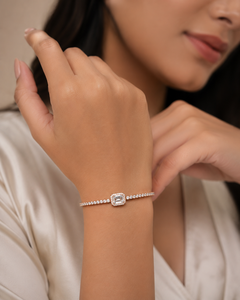 18K Rose Gold Plated Lab Grown Diamond Emerald Cut Tennis <b>Bracelet</b> for Women with Side Stones Luxury Halo Design Trendy Style - Product Image 1