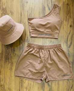 Trendy Solid <b>Colour</b> Custom Logo Women Yoga <b>Set</b> One Shoulder Sports Bra with Shorts Gym Wear Tracksuit Summer Fitness Outfit - Product Image 4