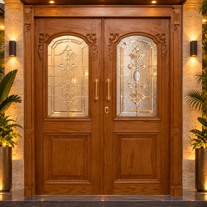 Puerta de Entrada de Madera Sólida GA-43G con Diseño Curvo Contemporáneo y Vidrio Teñido, Doble Moldura Abatible para Villa - Product Image 1