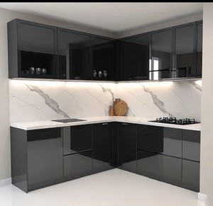 Ensemble d'armoires de cuisine modernes en bois massif de bouleau brillant SANYANG, sur mesure, RTA, blanc brillant, modulaire, facile à nettoyer - Product Image 1