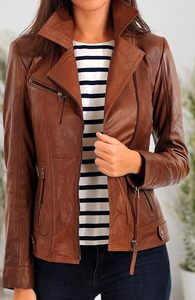 Women's Genuine Leather Motorcycle Jacket Brown Stand Collar <b>Zipper</b> Closure Full Sleeve Biker Style Autumn Wear - Product Image 2