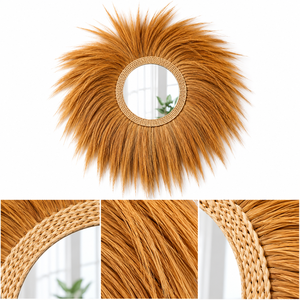 Round Rattan Decorative <b>Mirror</b> with Natural Grass Sunburst Frame Bohemian Handmade Wall Art for Home Living Room - Product Image 5