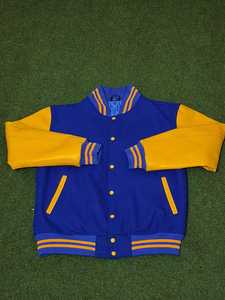 Chaqueta Varsity para Hombre, Chaqueta de Béisbol de Lana Azul con Mangas de Cuero Sintético Amarillo, Cuello Alto y Puños Acanalados - Product Image 1
