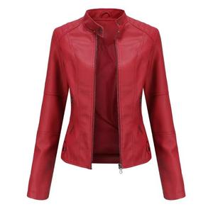 Chaqueta de moto de cuero PU para mujer, cuello alto, cierre de cremallera, color sólido, corte ajustado, longitud regular, para otoño - Product Image 1