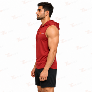 Men's <b>Red</b> Sleeveless Hooded <b>Tank</b> <b>Top</b> Quick Dry Polyester Sporty Front Logo Print Knitted Hoodie Vest Men Hooded <b>Tank</b> <b>Top</b> - Product Image 3