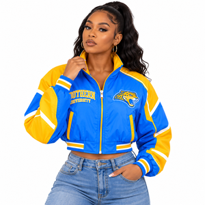 Chaqueta Corta Cortavientos Southern University Jaguars Personalizada HBCU Azul Dorado con Cremallera Completa Estilo Universitario Bomber para Venta al por Mayor - Product Image 3