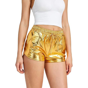 Gold Metallic Shorts Women Elastic Smocked Drawstring Waist Shiny Smooth Rave <b>Dance</b> Festival Hot <b>Pants</b> - Product Image 1