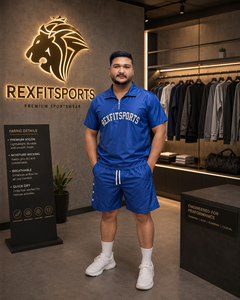 REXFIT SPORTS 2026 Conjunto Deportivo Personalizado para Hombre, Camiseta Azul Premium de Nailon con Media Cremallera y Pantalones Cortos, Ropa Deportiva Transpirable - Product Image 2