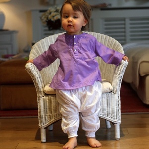 Beautiful Purple Summer Wear Short <b>Kaftan</b> Crafted By Soft Cotton Featuring With Beautiful Embroidery Long Sleeves & Front Button - Product Image 3