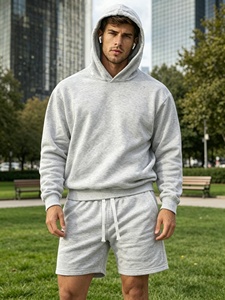 Ensemble de sweat-shirt à capuche gris pour homme, ensemble décontracté en tissu molletonné uni, short assorti, tenue de printemps, tissu doux et confortable - Product Image 4