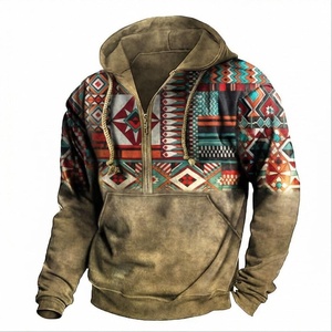 Sweat-shirt à capuche zippé pour homme, motif géométrique, style bohème, coupe classique, en polyester tricoté, pour l'automne - Product Image 1