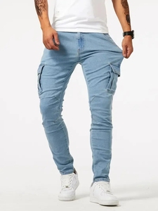 Pantalones Cargo de Lona Azul Claro para Hombre, Cintura Media, Corte Recto, Múltiples Bolsillos, Secado Rápido, Transpirables, de Algodón, Casuales, para Primavera - Product Image 1