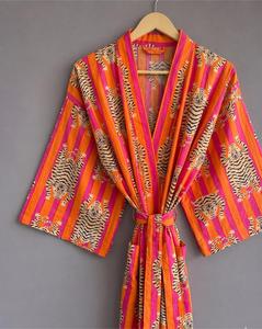Robe Kimono Décontractée en Coton Tissé Imprimé Numérique 100% Coton, Motif Floral Imprimé à la Main, Respirante, Manches Longues, pour Nuit et Plage - Product Image 3