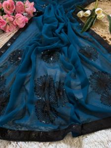 Indian Traditional Ethnic Beautiful Georgette Saree with Embroidery <b>Sequins</b> Work for Women Wedding <b>Party</b> Wear Elegant Outfit - Product Image 4