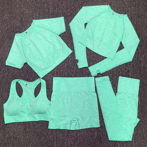 Conjunto Deportivo de 5 Piezas para Mujer ZULARI IMPEX, Color Verde Menta Sólido, Top Corto sin Mangas, Camiseta sin Mangas, Pantalones Cortos de Cintura Alta, Leggings Ajustados - Product Image 1