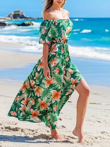 Robe longue d'été florale à volants pour femme, épaules dénudées, manches courtes, dos nu, corsage à volants, ourlet fendu, robes de plage - Product Image 3