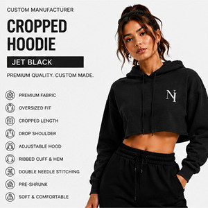 Sweat-shirt à capuche court noir pour femme OEM, imprimé, manches longues, décontracté, 100 % coton, tricoté respirant à l'avant - Product Image 1