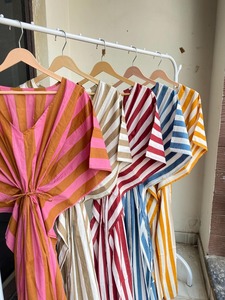 Women's 100% Cotton Cambric Candy Stripe V Neck Three Quarter Sleeve Loose Fit Lightweight Beachwear <b>Kaftan</b> <b>Dress</b> - Product Image 5