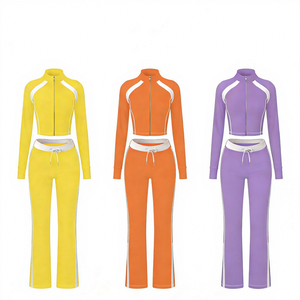 Womens <b>Sets</b> Matching <b>Sets</b> Women Zip up Crop Top Pants Workout Fitness Sporty Color Block Active Wear Tracksuit OEM - Product Image 5