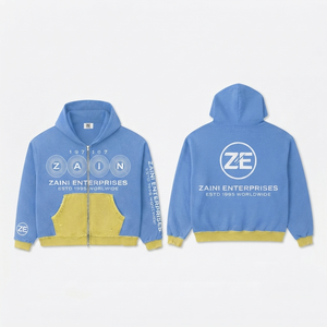 เสื้อฮู้ดซิปเต็มตัวผู้ชาย ผ้าฝ้ายผสมโพลีเอสเตอร์ 320 GSM สีฟ้าอ่อน-เหลือง ตัดต่อสีตัดกัน พิมพ์ลายสกรีน โลโก้สั่งทำได้ รับผลิตแบบ OEM ODM - Product Image 1